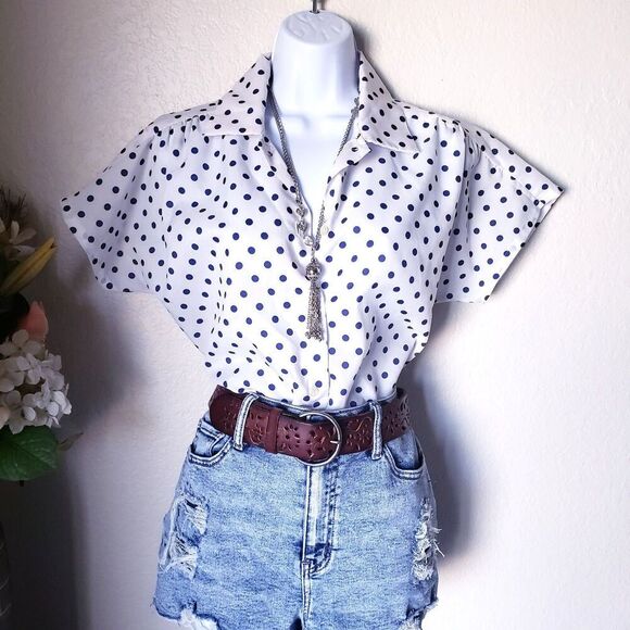 90s Vintage Short Sleeve Polka Dot Button-Up Blouse - Picture 1 of 6